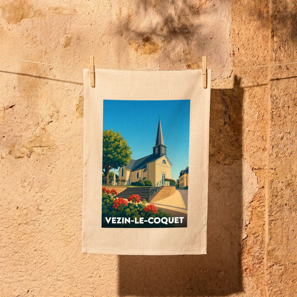 Torchon souvenir de la ville de Vezin-le-Coquet avec une illustration stylisée de son église.