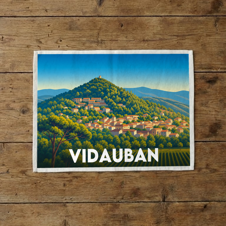 Torchon souvenir de la ville de Vidauban avec une illustration stylisée d'un village provençal niché sur une colline verdoyante.