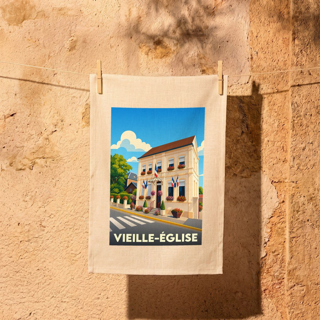 Torchon souvenir de la ville de Vieille-Église avec une illustration stylisée.