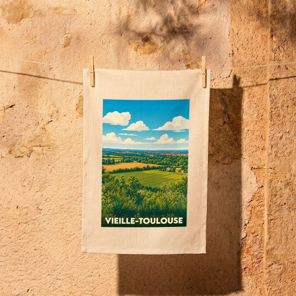 Torchon souvenir de la ville de Vieille-Toulouse avec une illustration stylisée de son paysage champêtre.