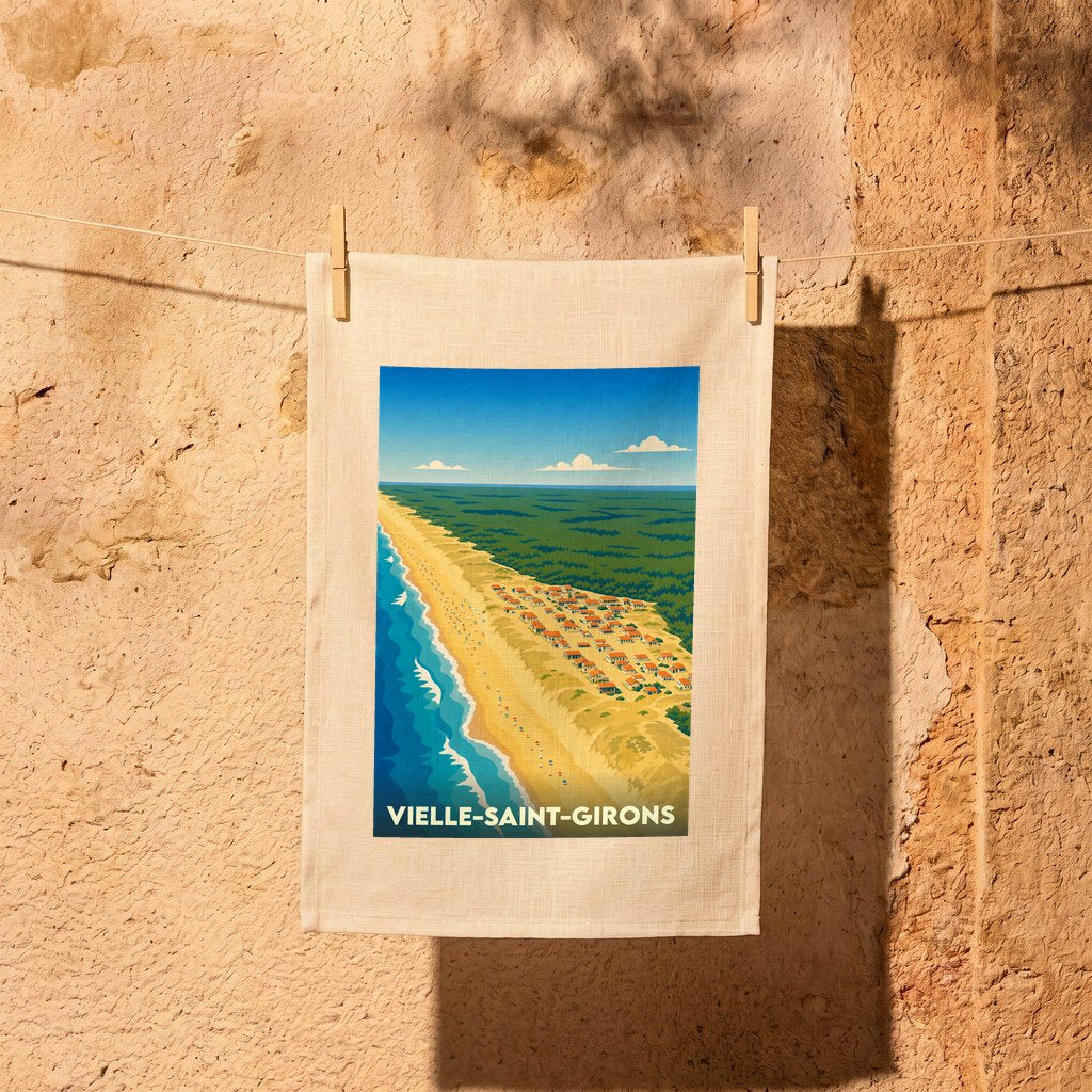Torchon souvenir de la ville de Vielle-Saint-Girons avec une illustration stylisée du littoral landais.