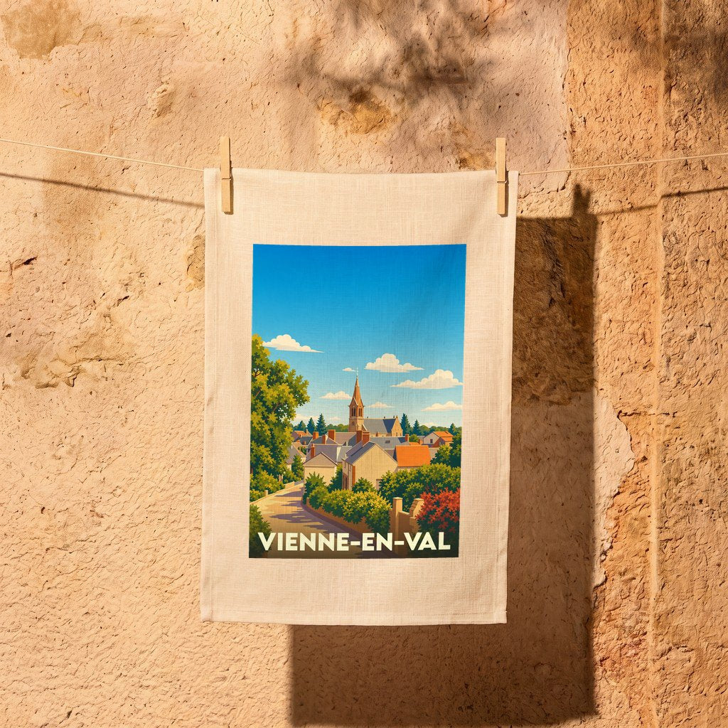 Torchon souvenir de la ville de Vienne-en-Val avec une illustration stylisée.