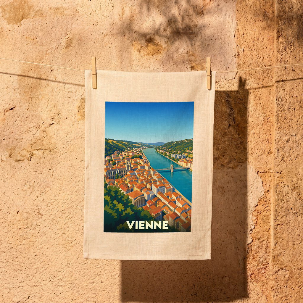 Torchon souvenir de la ville de Vienne avec une illustration stylisée d'un paysage urbain au bord de l'eau.