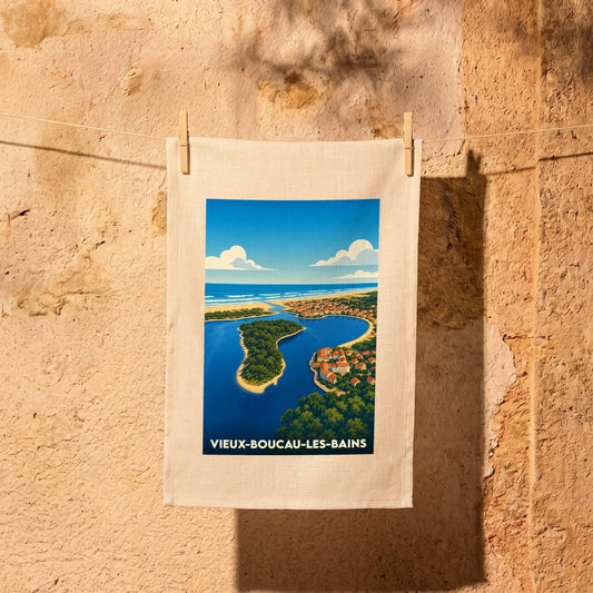 Torchon souvenir de la ville de Vieux-Boucau-les-Bains avec une illustration stylisée de son lac marin.