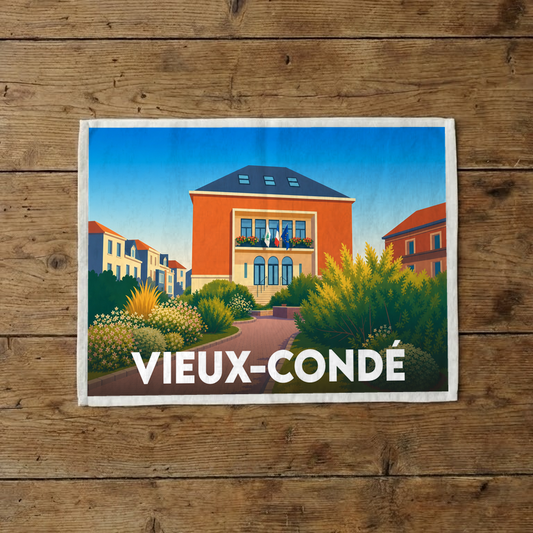 Torchon souvenir de la ville de Vieux-Condé avec une illustration stylisée de son hôtel de ville.