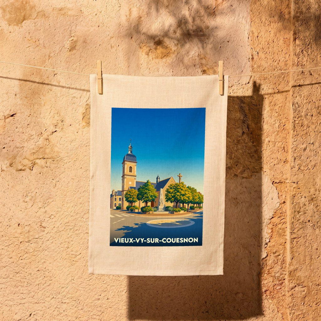 Torchon souvenir de la ville de Vieux-Vy-sur-Couesnon avec une illustration stylisée de son église et de sa place.