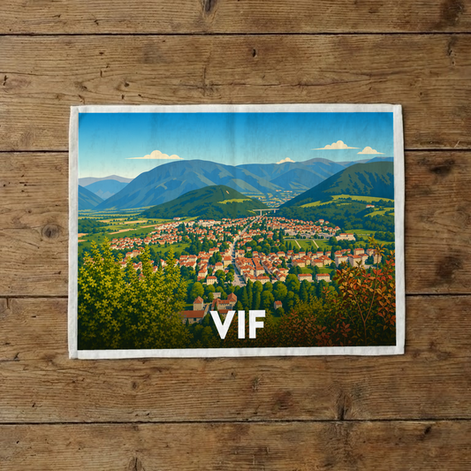 Torchon souvenir de la ville de Vif avec une illustration stylisée d'un paysage montagneux.