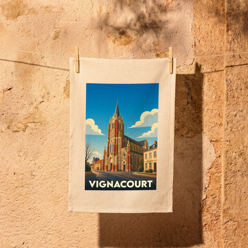 Torchon souvenir de la ville de Vignacourt orné d'une illustration stylisée de son église.