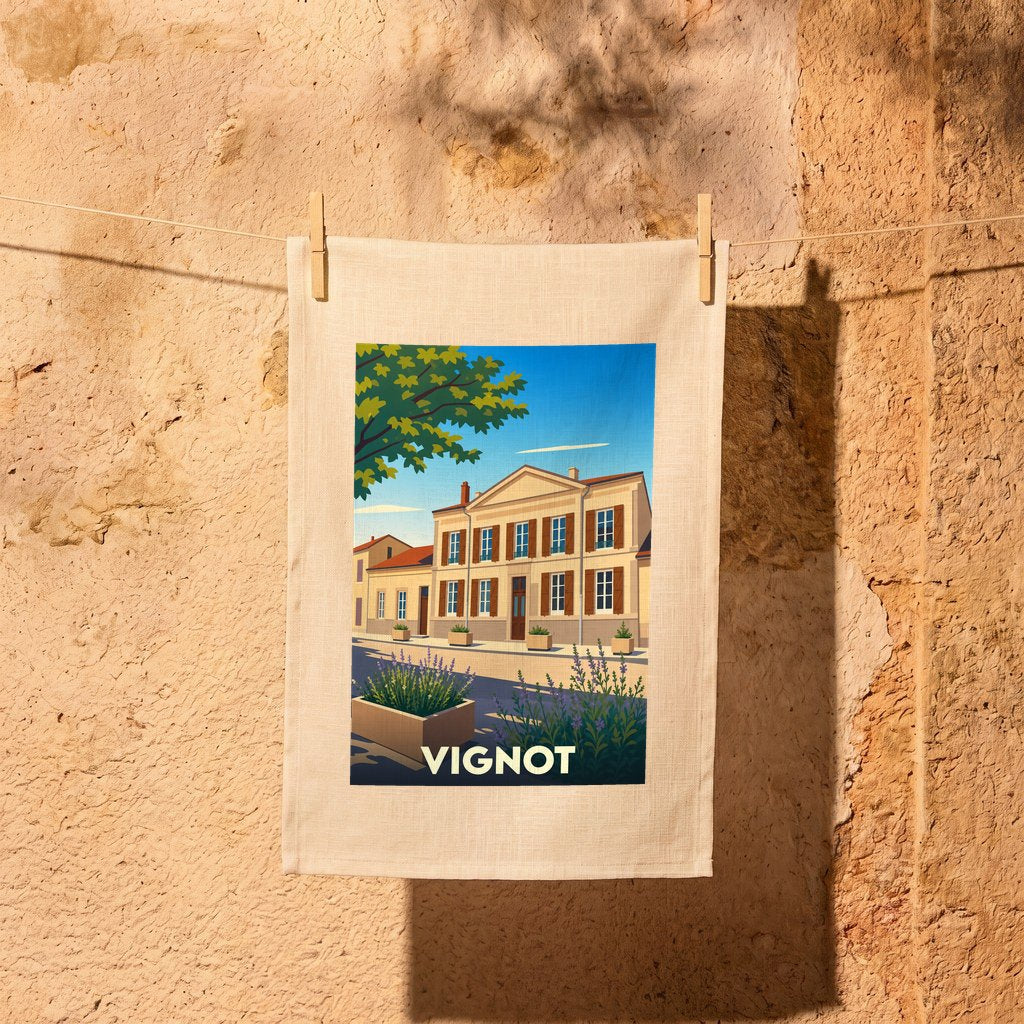 Torchon souvenir de la ville de Vignot illustré par un dessin stylisé de son architecture et de lavandes.