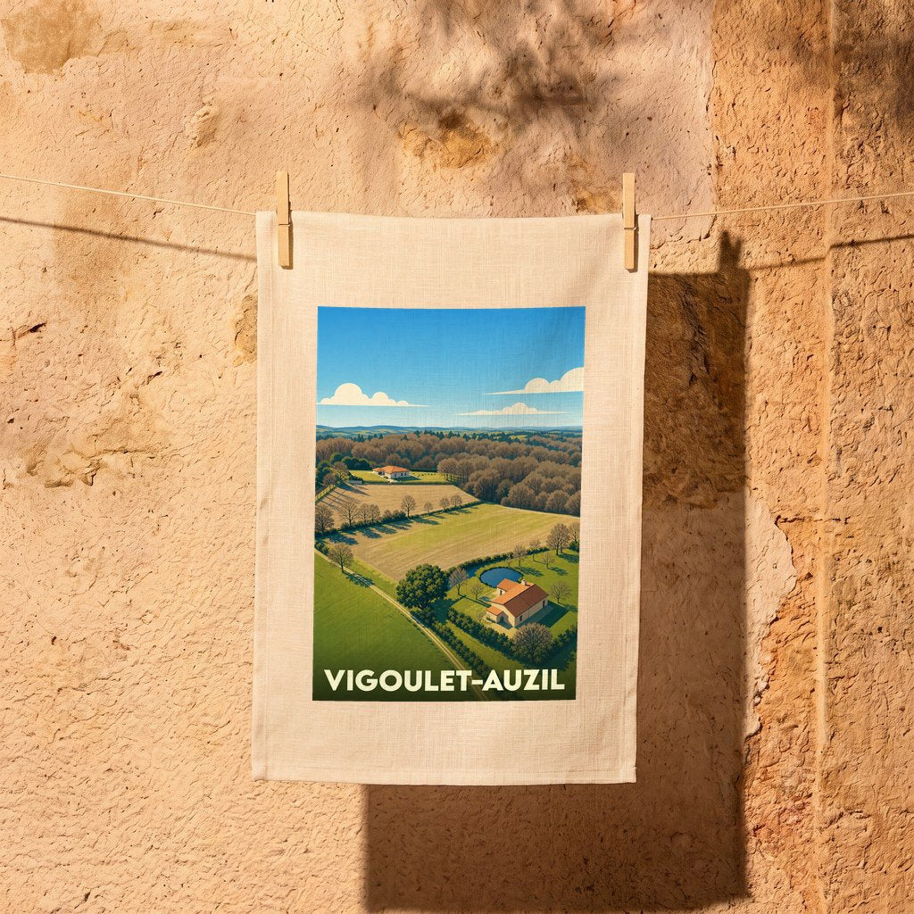 Torchon souvenir de la ville de Vigoulet-Auzil avec une illustration de paysage champêtre.