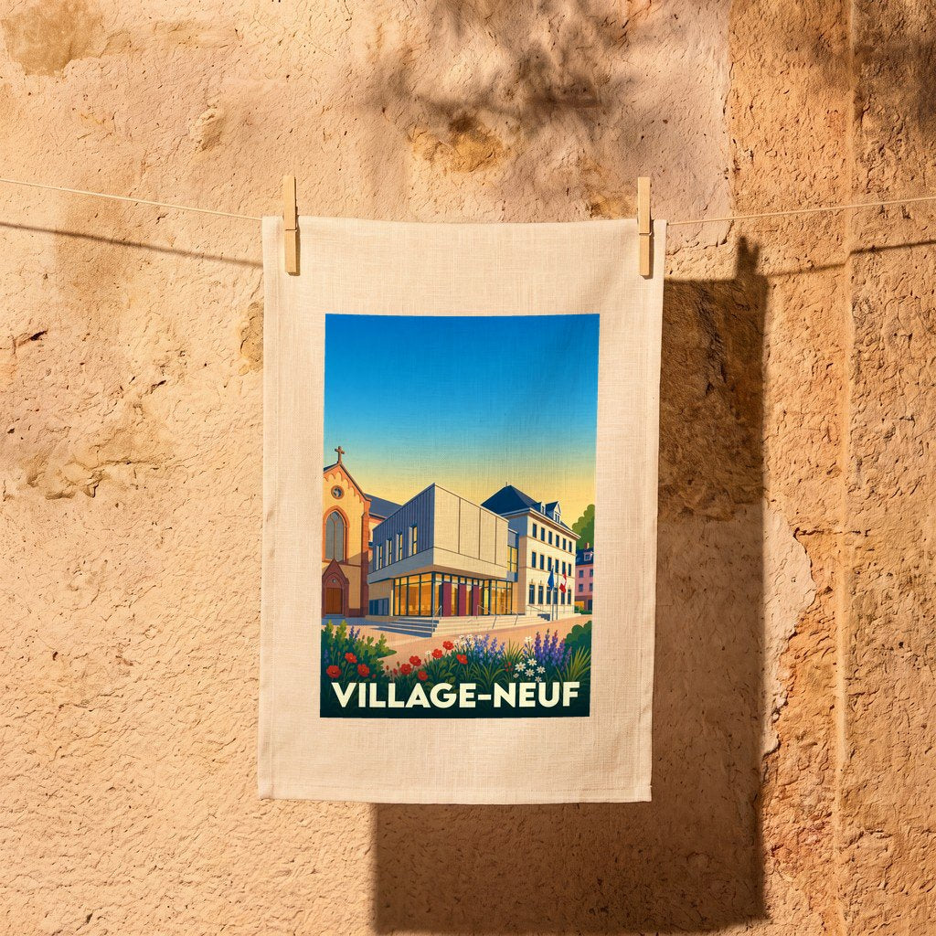 Torchon souvenir de la ville de Village-Neuf avec une illustration stylisée.