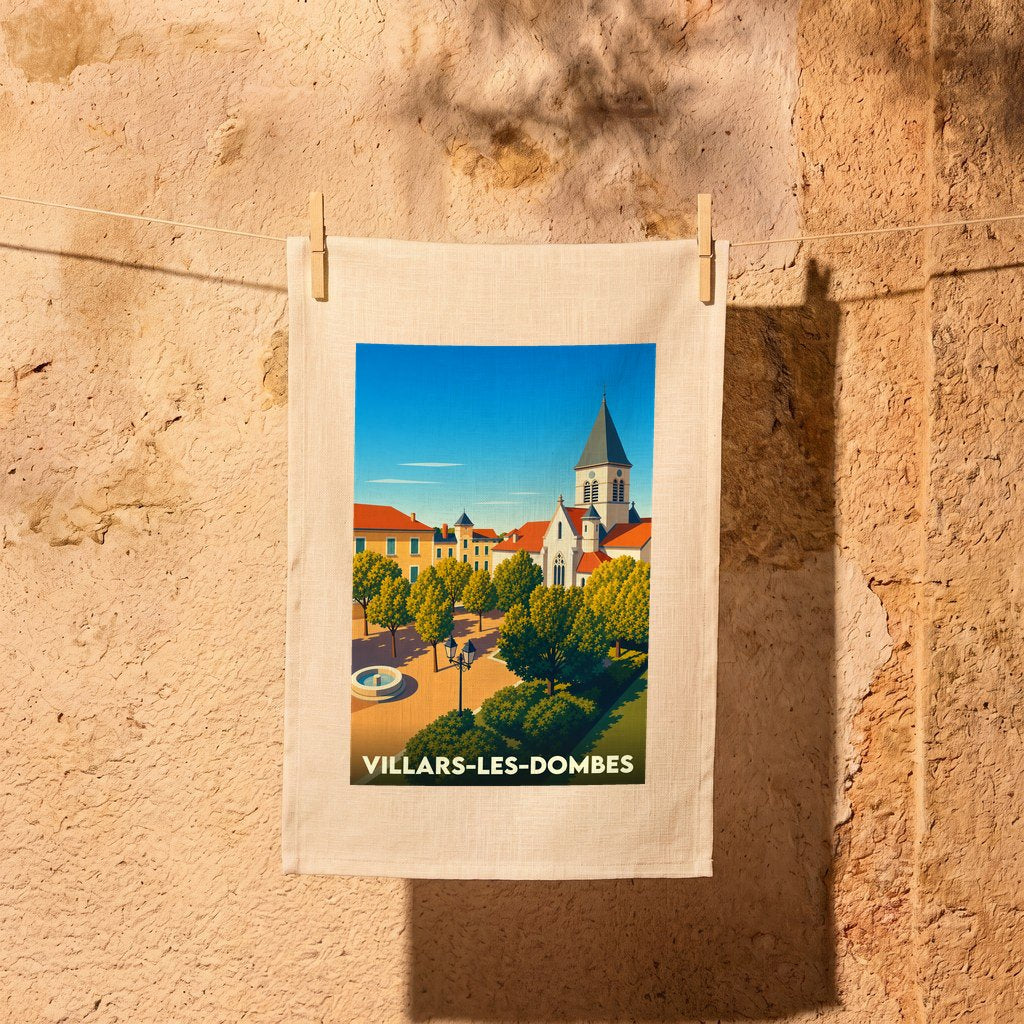 Torchon souvenir de la ville de Villars-les-Dombes avec une illustration stylisée d'une place arborée et de son église.