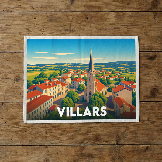 Torchon souvenir de la ville de Villars orné d'une illustration stylisée du village et de son église.