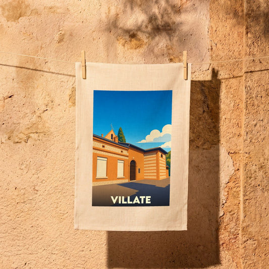 Torchon souvenir de la ville de Villate avec une illustration stylisée d'un bâtiment local.