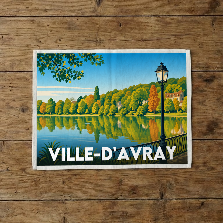 Torchon souvenir de la ville de Ville-d'Avray illustrant un étang bordé d'arbres aux couleurs automnales.