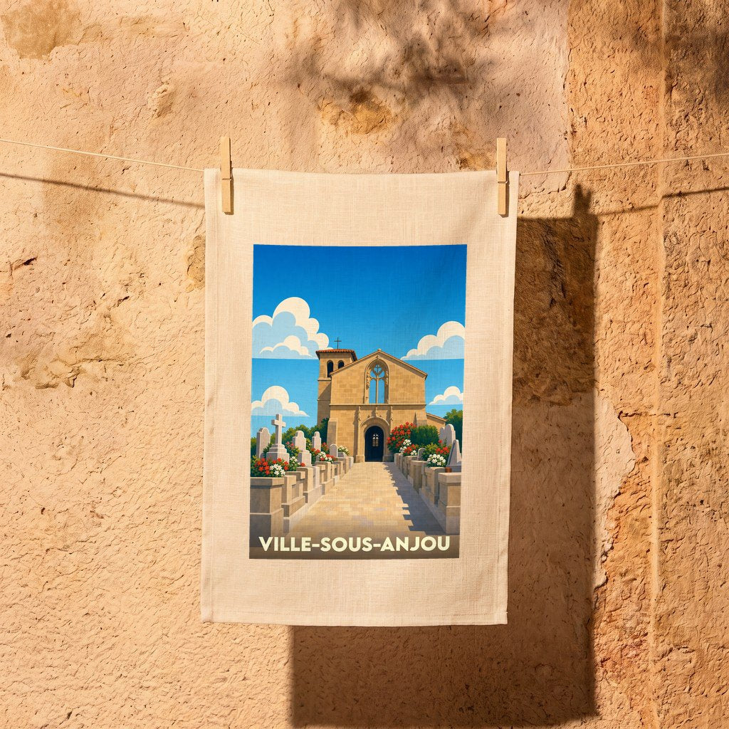 Torchon souvenir de la ville de Ville-sous-Anjou avec une illustration stylisée d'une église et son cimetière.