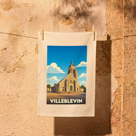 Torchon souvenir de la ville de Villeblevin illustré par une vue stylisée de son église.