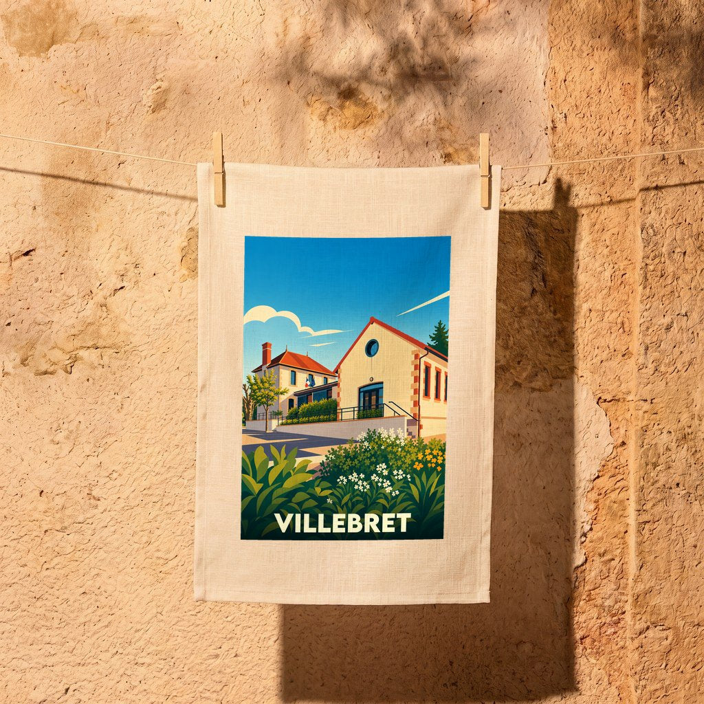 Torchon souvenir de la ville de Villebret avec une illustration stylisée.