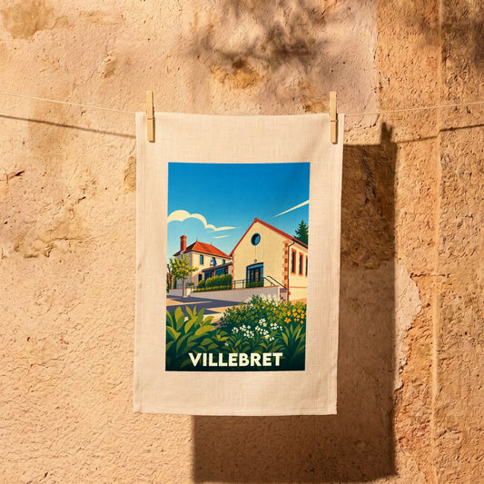 Torchon souvenir de la ville de Villebret avec une illustration stylisée.