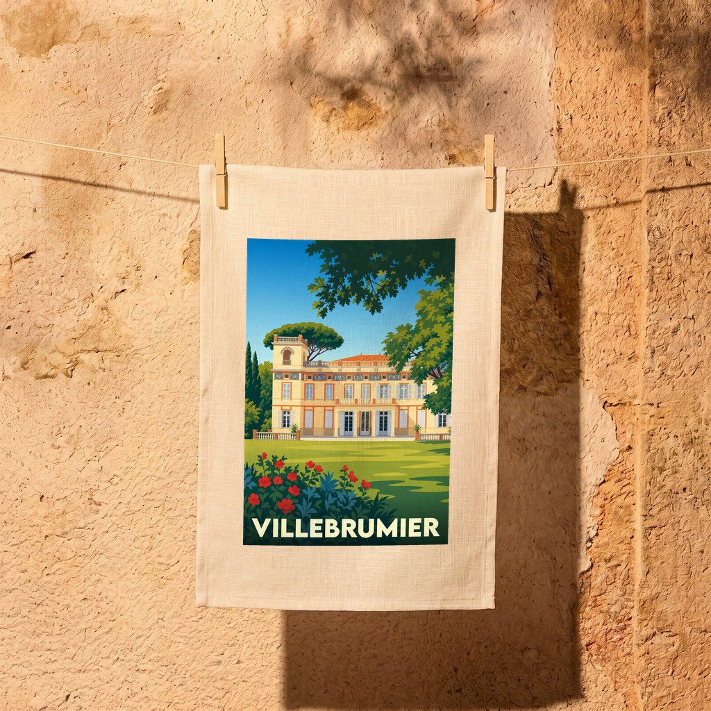 Torchon souvenir de la ville de Villebrumier avec une illustration stylisée de son château.