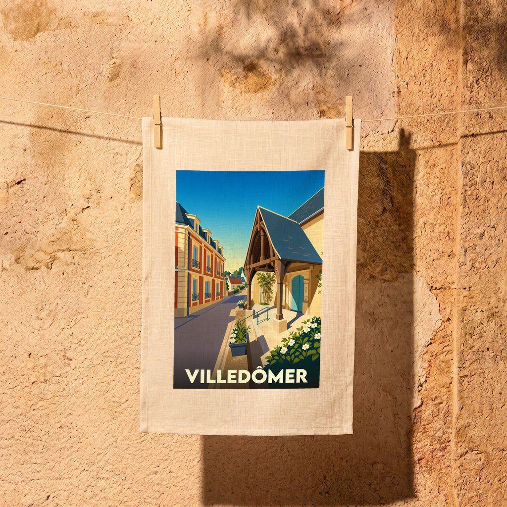 Torchon souvenir de la ville de Villedômer avec une illustration colorée et stylisée de son architecture.