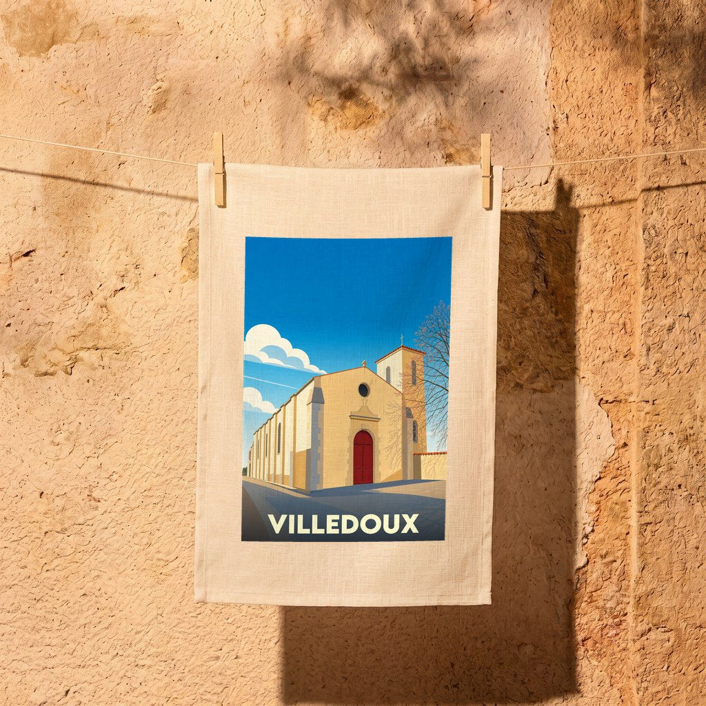 Torchon souvenir de la ville de Villedoux avec une illustration stylisée d'une église locale.