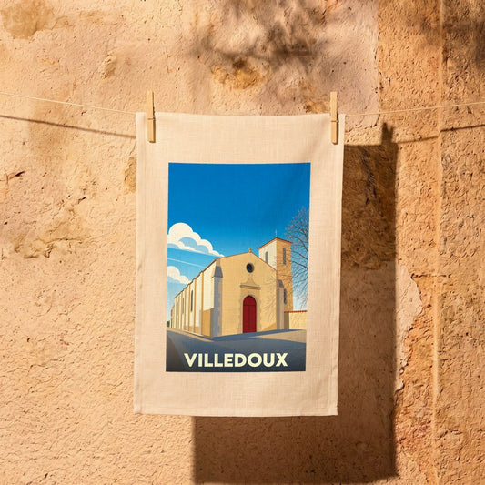 Torchon souvenir de la ville de Villedoux avec une illustration stylisée d'une église locale.