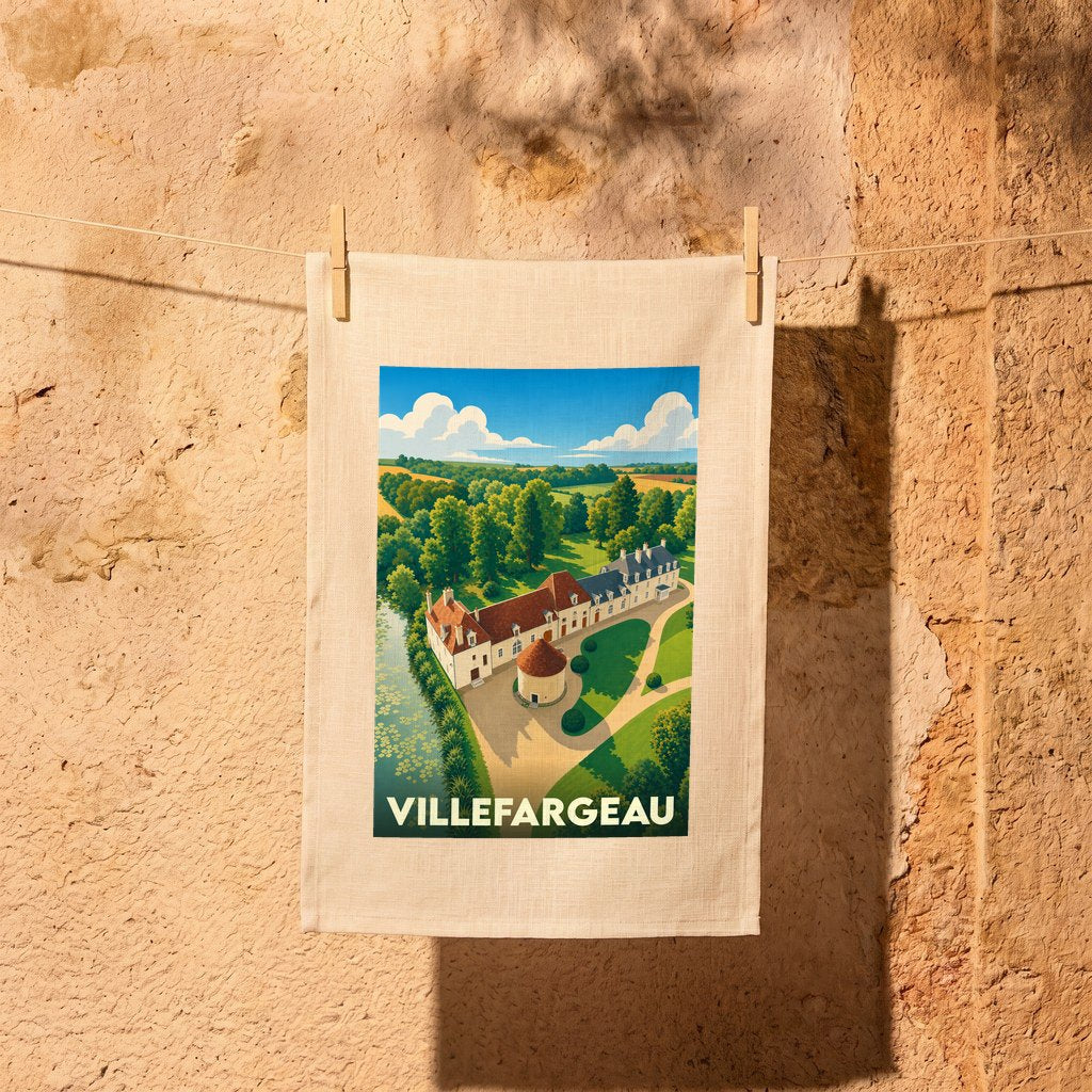 Torchon souvenir de la ville de Villefargeau avec une illustration stylisée d'un château.