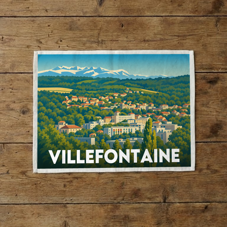 Torchon souvenir de la ville de Villefontaine avec une illustration stylisée de son paysage urbain et montagneux.