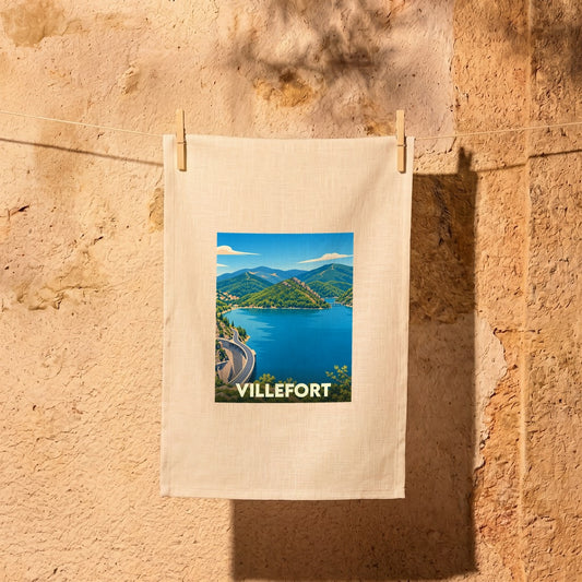 Torchon souvenir de la ville de Villefort avec une illustration stylisée représentant son lac et son barrage.