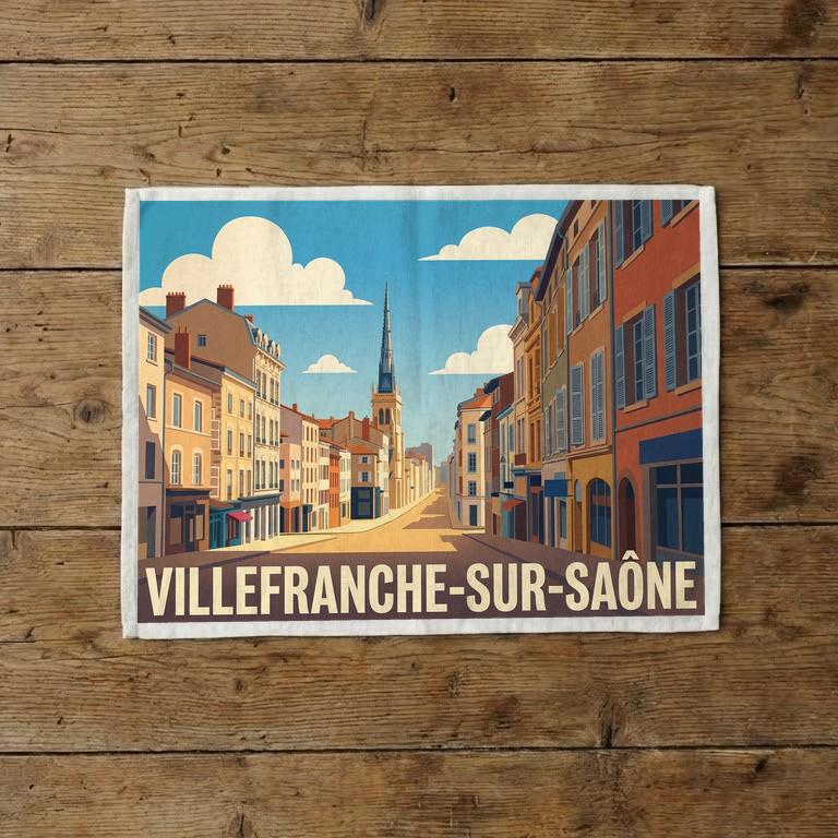 Torchon souvenir de la ville de Villefranche-sur-Saône avec une illustration stylisée d'une rue en perspective.
