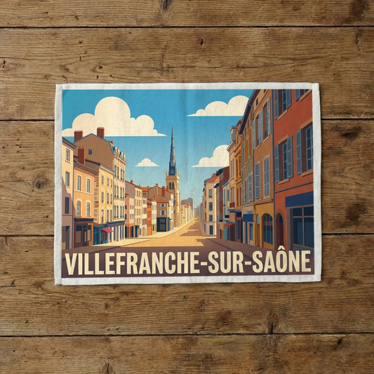 Torchon souvenir de la ville de Villefranche-sur-Saône avec une illustration stylisée d'une rue en perspective.
