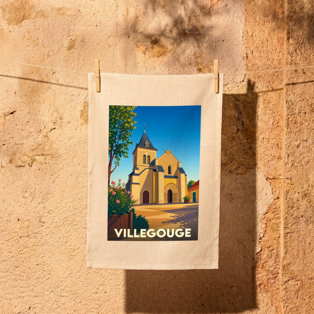 Torchon souvenir de la ville de Villegouge avec une illustration stylisée de son église sous un ciel bleu.