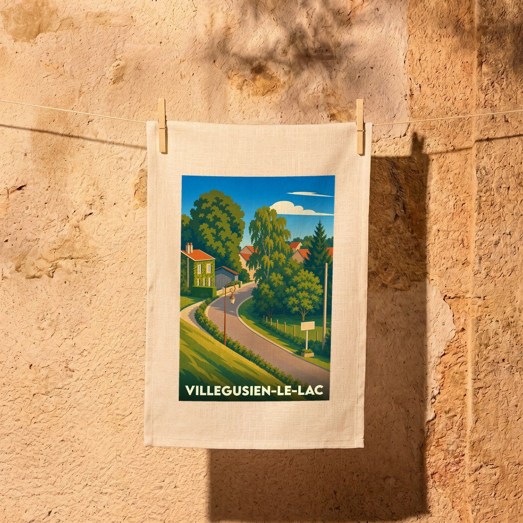 Torchon souvenir de la ville de Villegusien-le-Lac avec une illustration stylisée de son paysage champêtre.