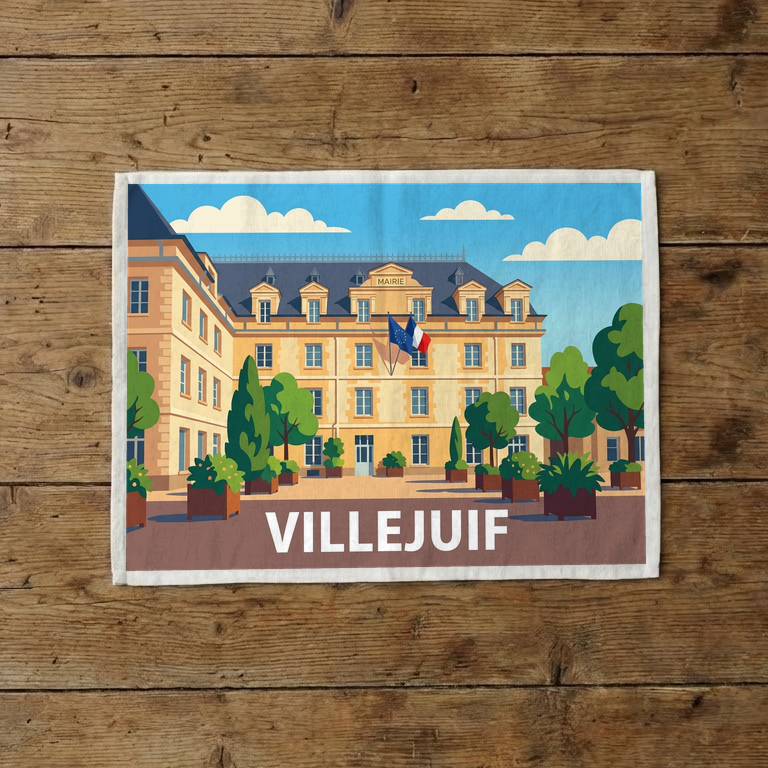Torchon souvenir de la ville de Villejuif avec une illustration stylisée de sa mairie.