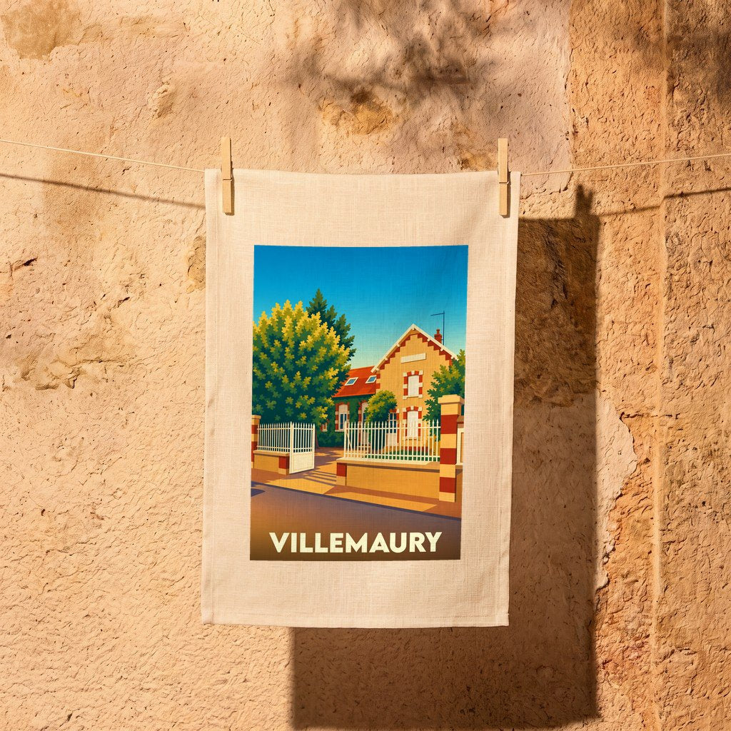 Torchon souvenir de la ville de Villemaury avec une illustration stylisée d'une maison ensoleillée.