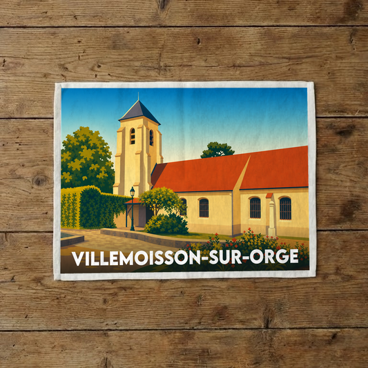 Torchon souvenir de la ville de Villemoisson-sur-Orge avec une illustration stylisée de son église.