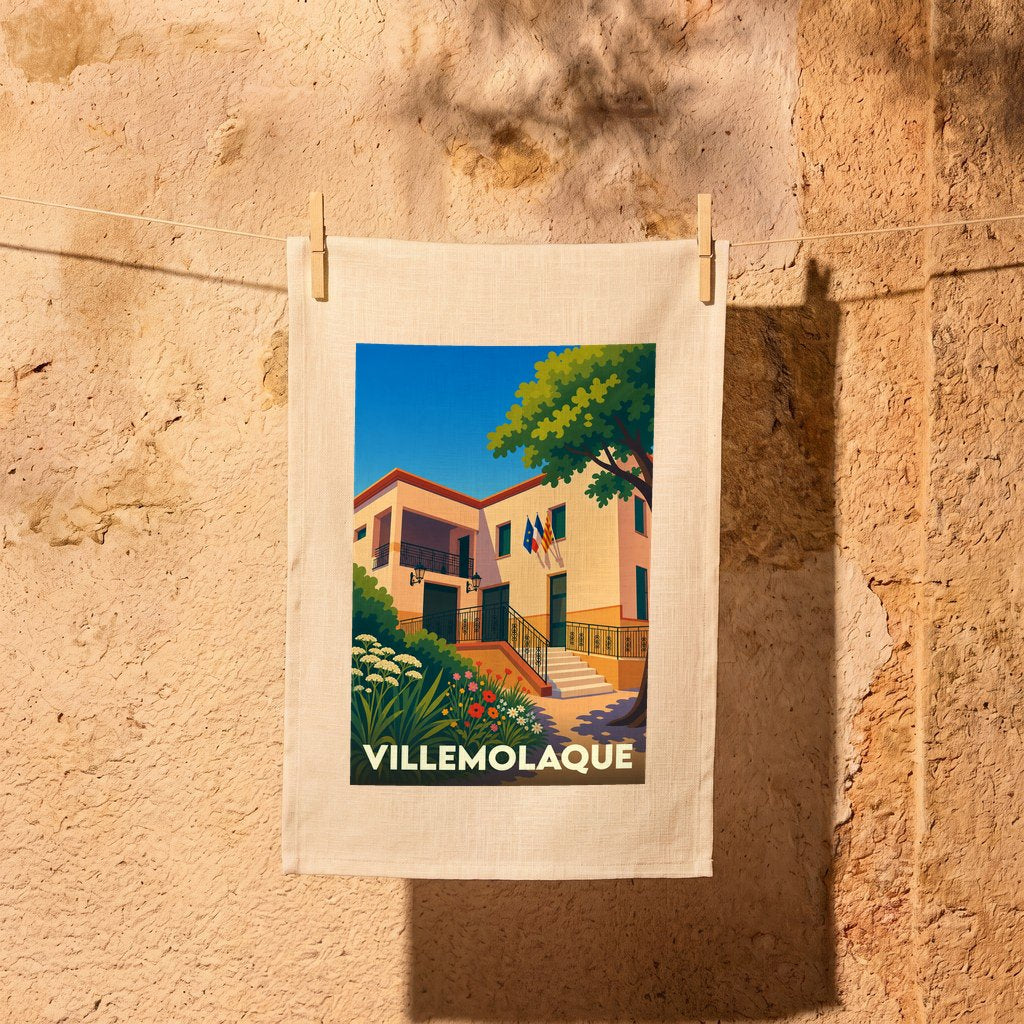 Torchon souvenir de la ville de Villemolaque orné d'une illustration stylisée de sa mairie.