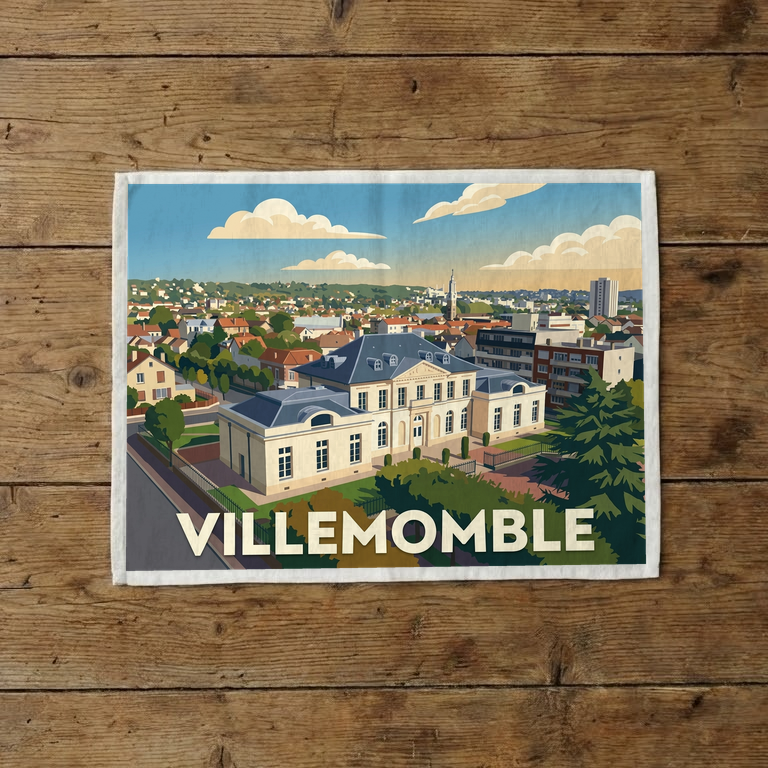 Torchon souvenir de la ville de Villemomble avec une illustration stylisée du château et du paysage urbain.
