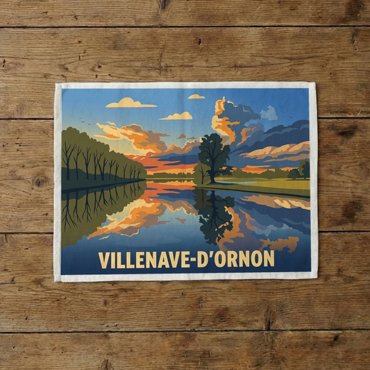 Torchon souvenir de la ville de Villenave-d'Ornon avec une illustration de paysage stylisée.