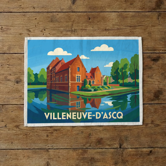 Torchon souvenir de la ville de Villeneuve-d'Ascq avec une illustration stylisée.