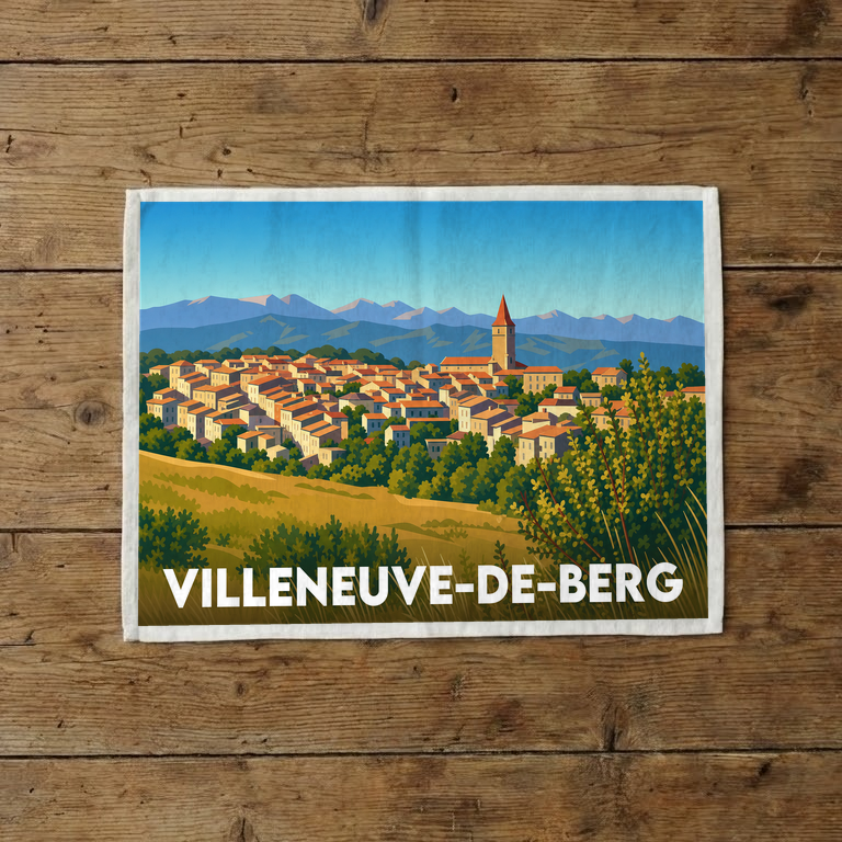 Torchon souvenir de la ville de Villeneuve-de-Berg avec une illustration stylisée.