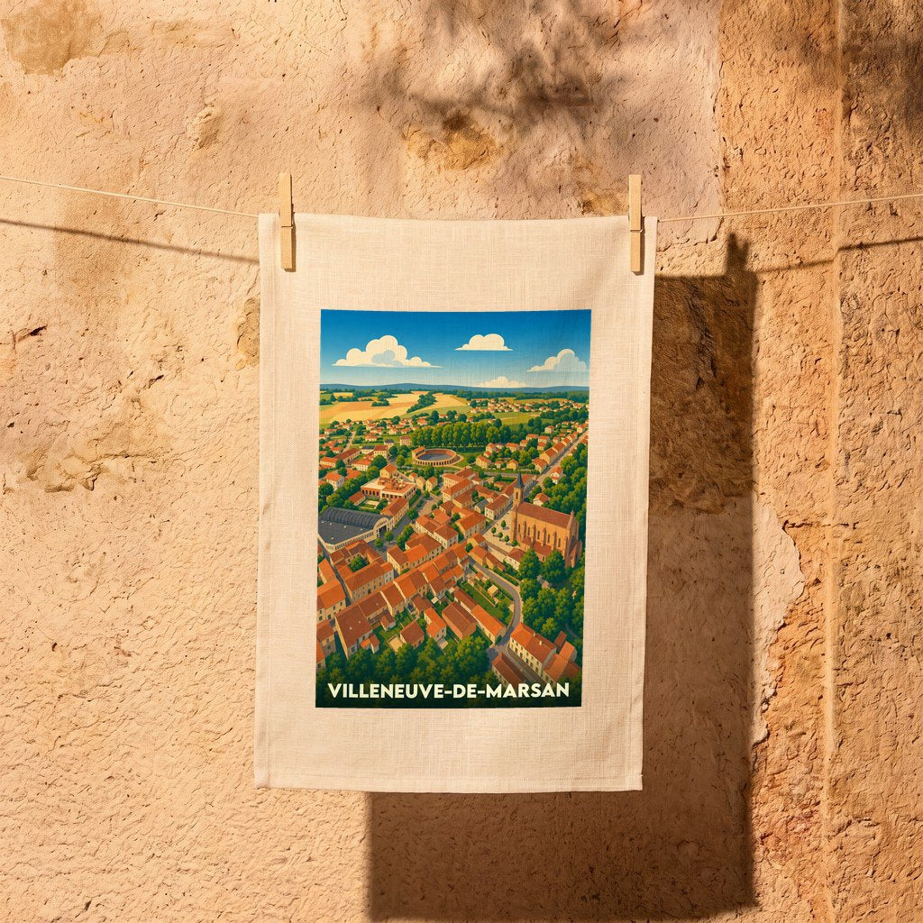 Torchon souvenir de la ville de Villeneuve-de-Marsan illustré d'une vue aérienne stylisée et colorée.