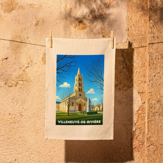 Torchon souvenir de la ville de Villeneuve-de-Rivière avec une illustration stylisée de son église.