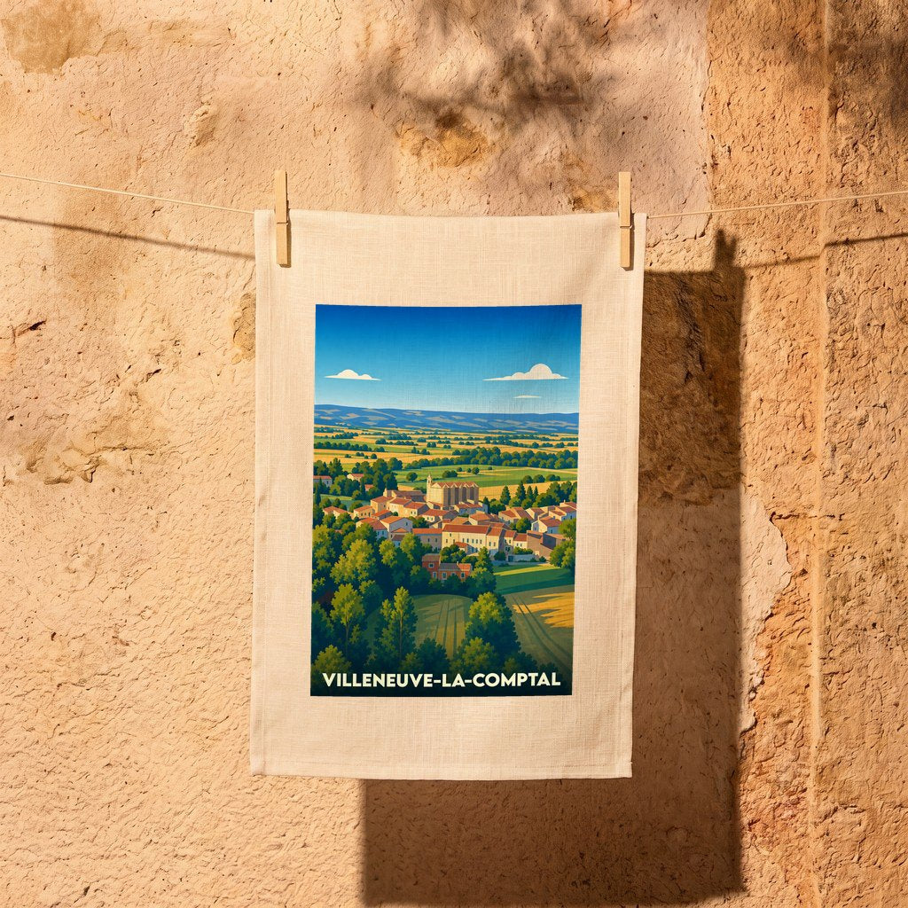 Torchon souvenir de la ville de Villeneuve-la-Comptal avec une illustration stylisée de son paysage.