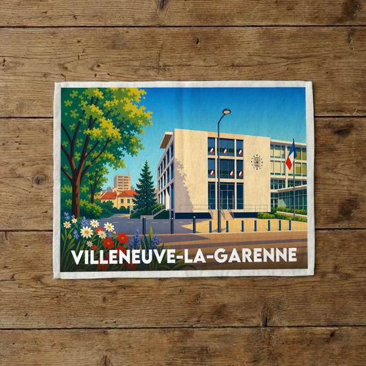 Torchon souvenir de la ville de Villeneuve-la-Garenne avec une illustration stylisée de son hôtel de ville.