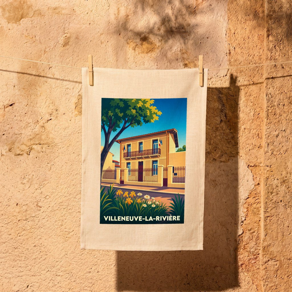 Torchon souvenir de la ville de Villeneuve-la-Rivière avec une illustration stylisée.
