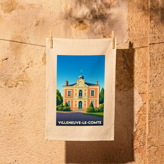 Torchon souvenir de la ville de Villeneuve-le-Comte avec une illustration stylisée de son hôtel de ville.