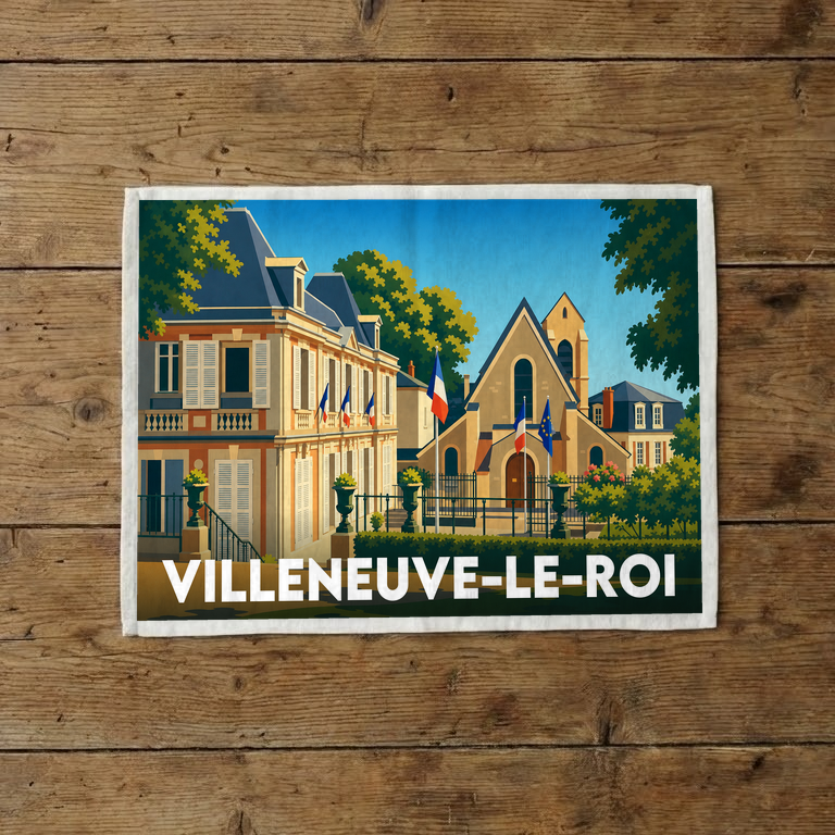 Torchon souvenir de la ville de Villeneuve-le-Roi avec une illustration stylisée.