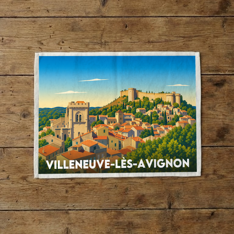 Torchon souvenir de la ville de Villeneuve-lès-Avignon avec une illustration stylisée.